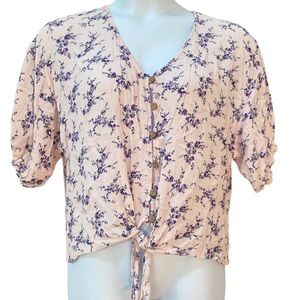 Pink Purple Soft Rayon Floral Print Short sleeve button down top ties waist XL